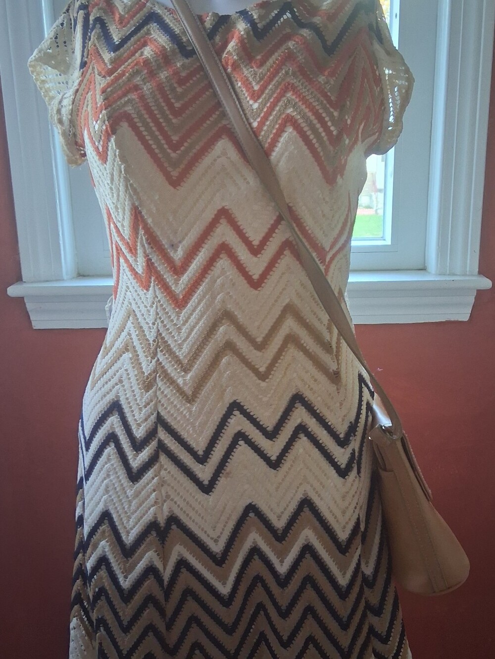 Ara Crochet Chevron Midi Dress in Cream, Coral, Tan & Navy